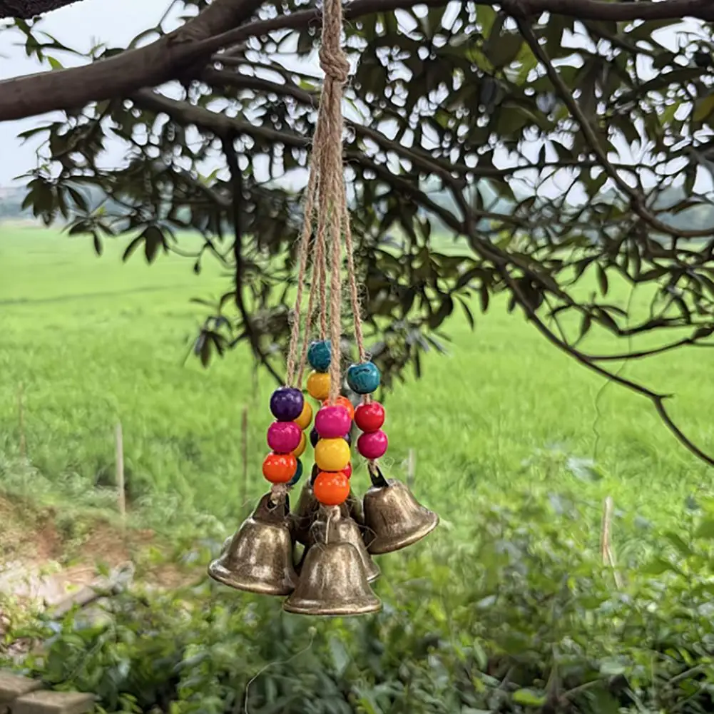 Retro Jute Rope Wind Chime Handmade Wood Bead Ornament Bohemian Metal Bell Pendant with Wooden Beads Jute Rope Wind for Home