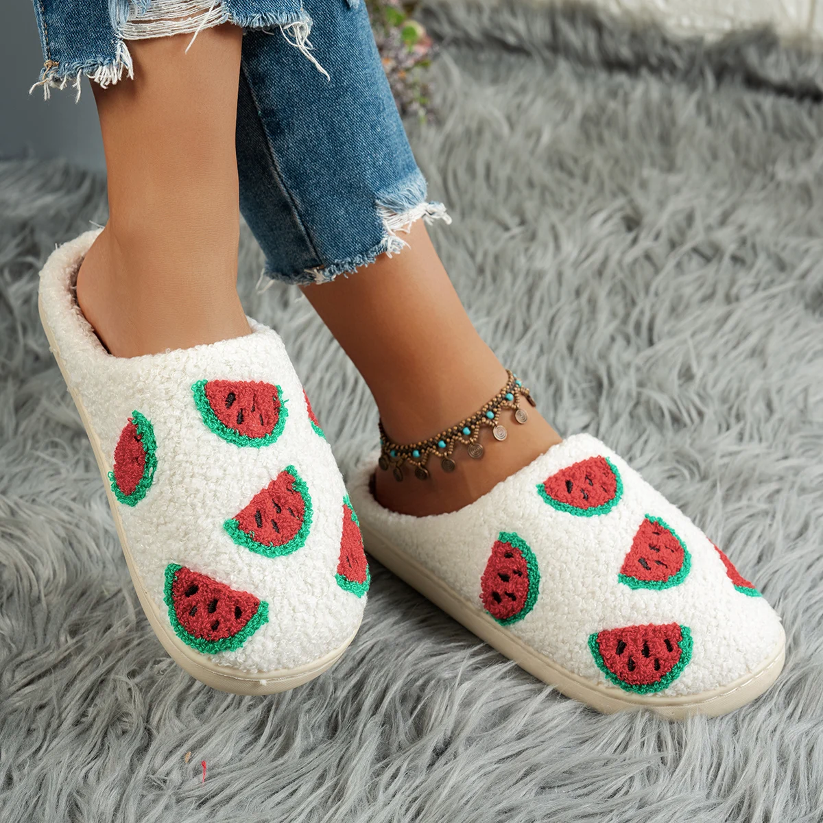 Cartoon Fruit Watermelon Fashion Warm Bedroom Women's Slippers Indoor Winter Non Slip Soft Sole Comfortable Cute Home Mute Shoes - view 5
