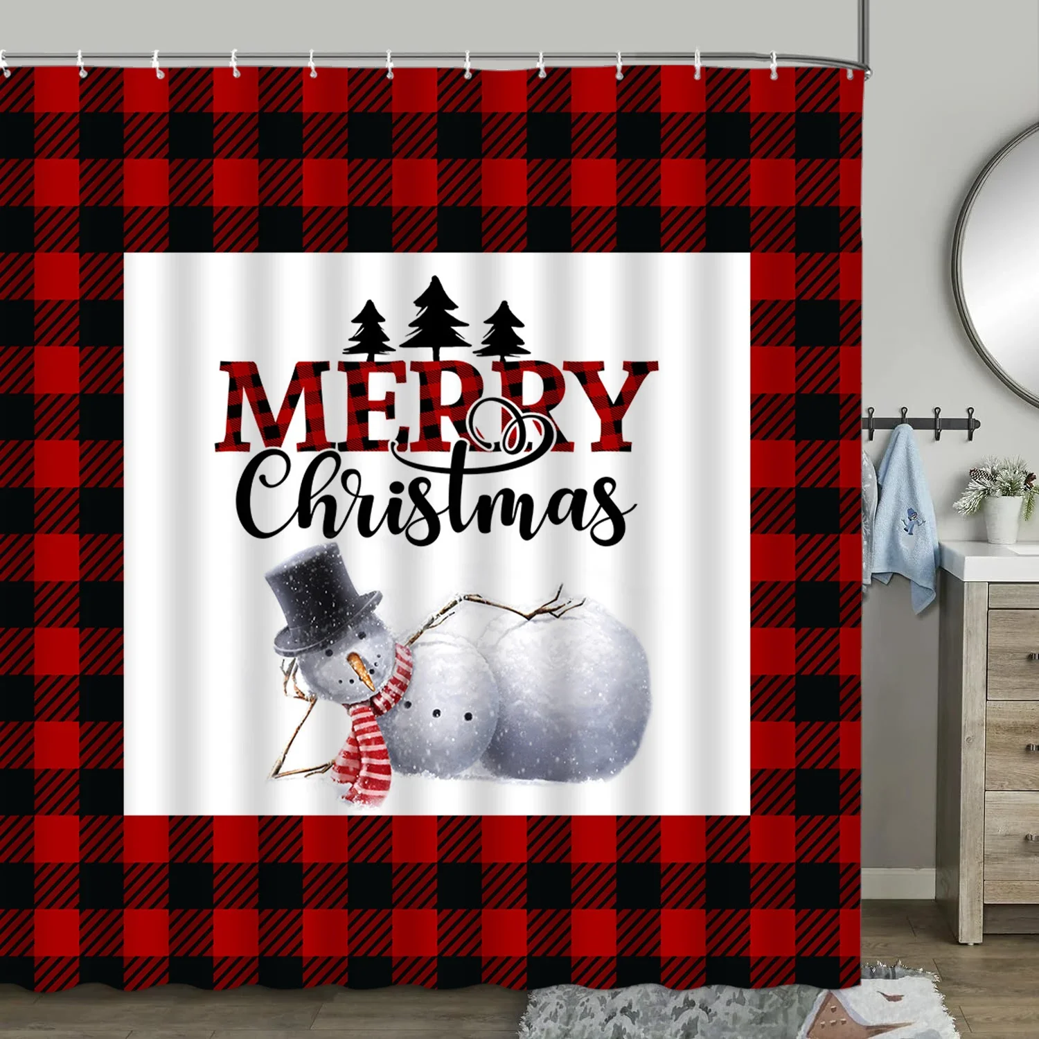 Christmas Shower Curtain, Winter Farm Snowman Truck Farmhouse Christmas Tree Cow Pig Christmas Balls Snowflake Bathroom Decor