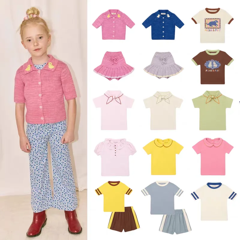 

Girls' T-Shirt 2026 Summer New Print Pink Children's Knit Short-Sleeve Skirt Set Cotton Korean Style Bow Girls' T-Shirt Shorts