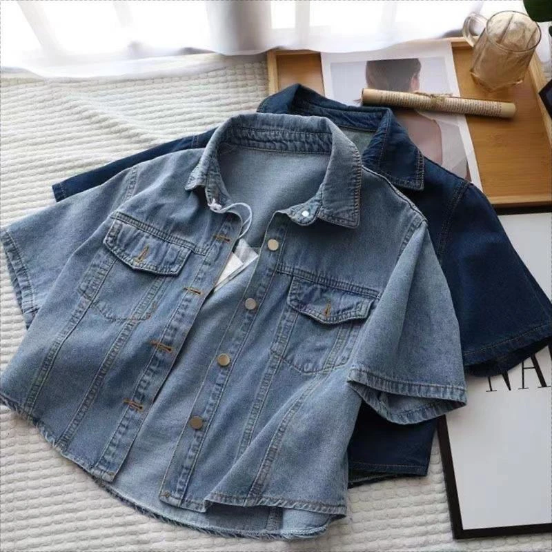 

Slim Fit ort Sve Denim Jaet Women's Casual Thin Spring Summer New Sle Vintage Collar Button up Cotton Blend Out...