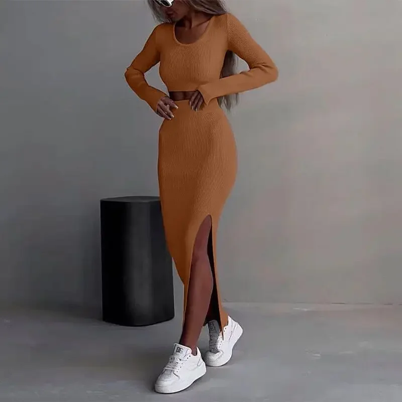 2025 feminino cor sólida malha manga longa camiseta terno outono meio corpo fenda lateral bodycon saia 2 peças moda casual wear