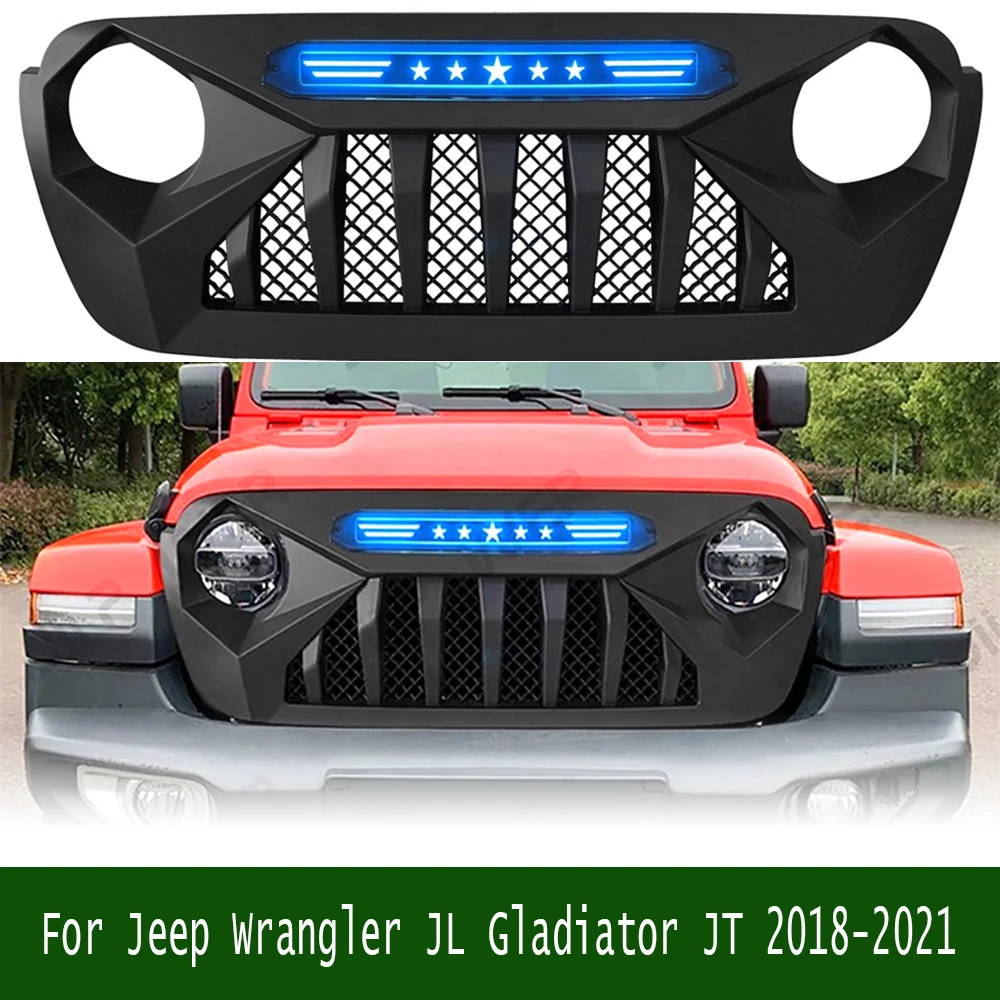 For Jeep Wrangler JL Gladiator JT 2018-2021 Offroad Bumper Grille With Light LED Factory Front Grille Mesh Grill Racing Grills