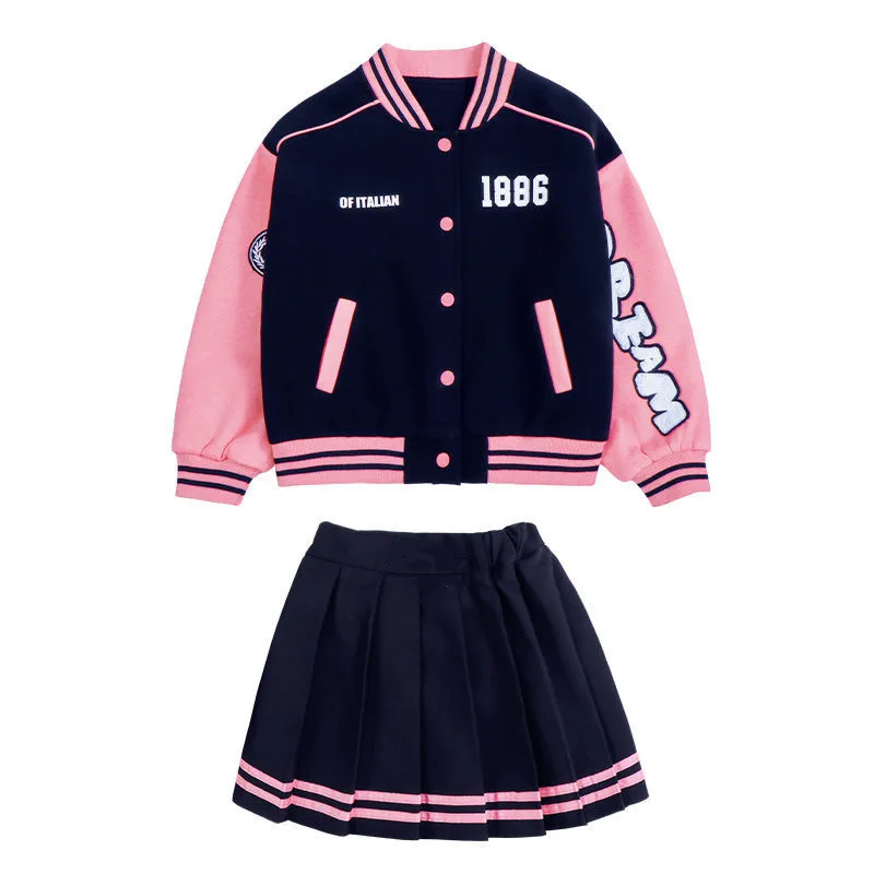 2026 Student Autumn Teens Tracksuit Girls Set Cloth Baseball Jacket + Striped Pleated Skirt Kid JK 4 6 8 10 12 14 Year American