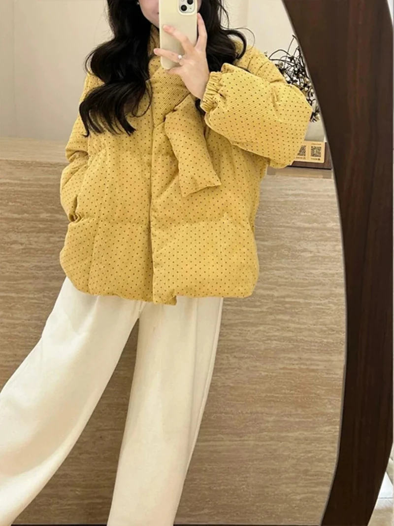 Polka Dot Corduroy Women Padded Jacket Korean Button Down Puffer Coat Long Sleeve Loose Retro Cozy Winter Outerwear Top