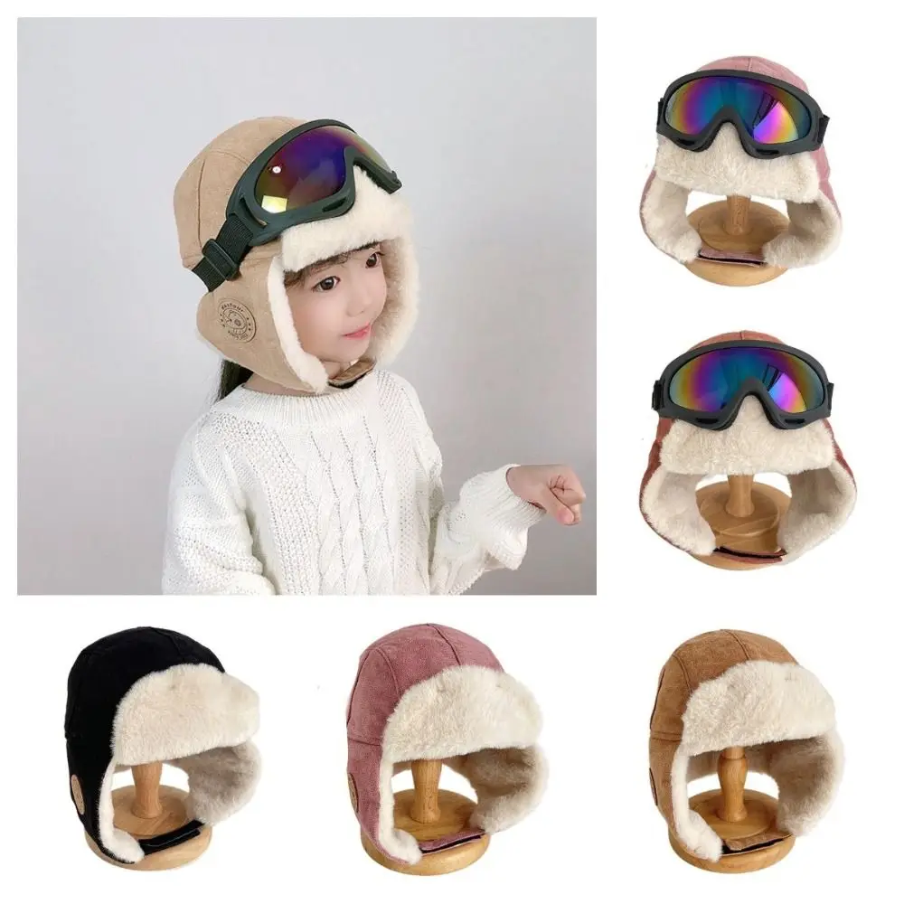 

Fashion Warm Ski Cap with Glasses Goggles Cute Plush Pilot Hat Windproof Thickened Kids Bear Ears Hat Children