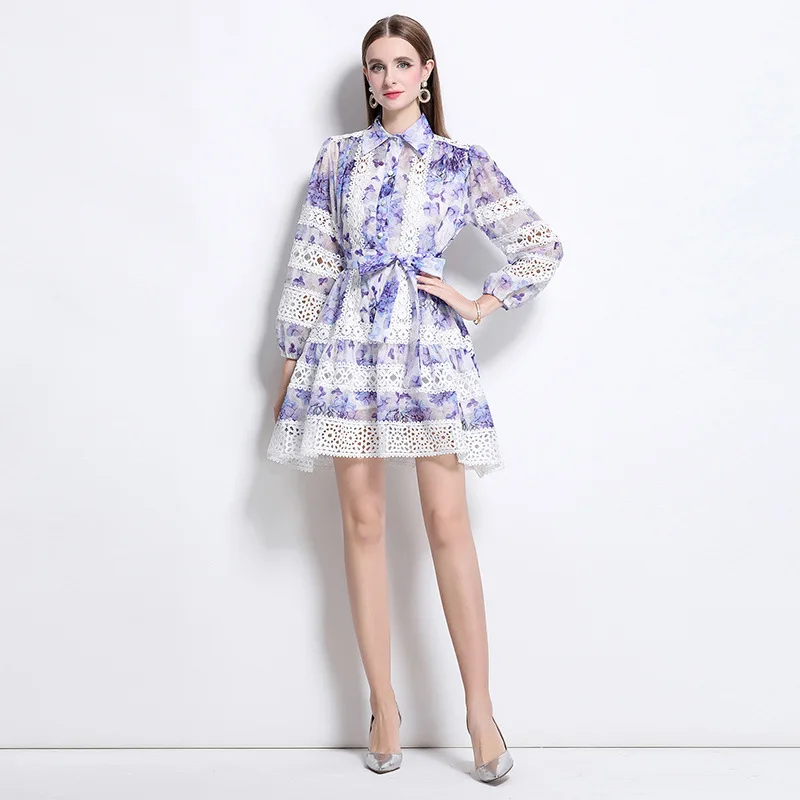 Retro Feel Spring Long Sve Lace Splicing Print Dr Hollow out Floral Patterned Loose Waist Lantern Sve Straight Cut S...