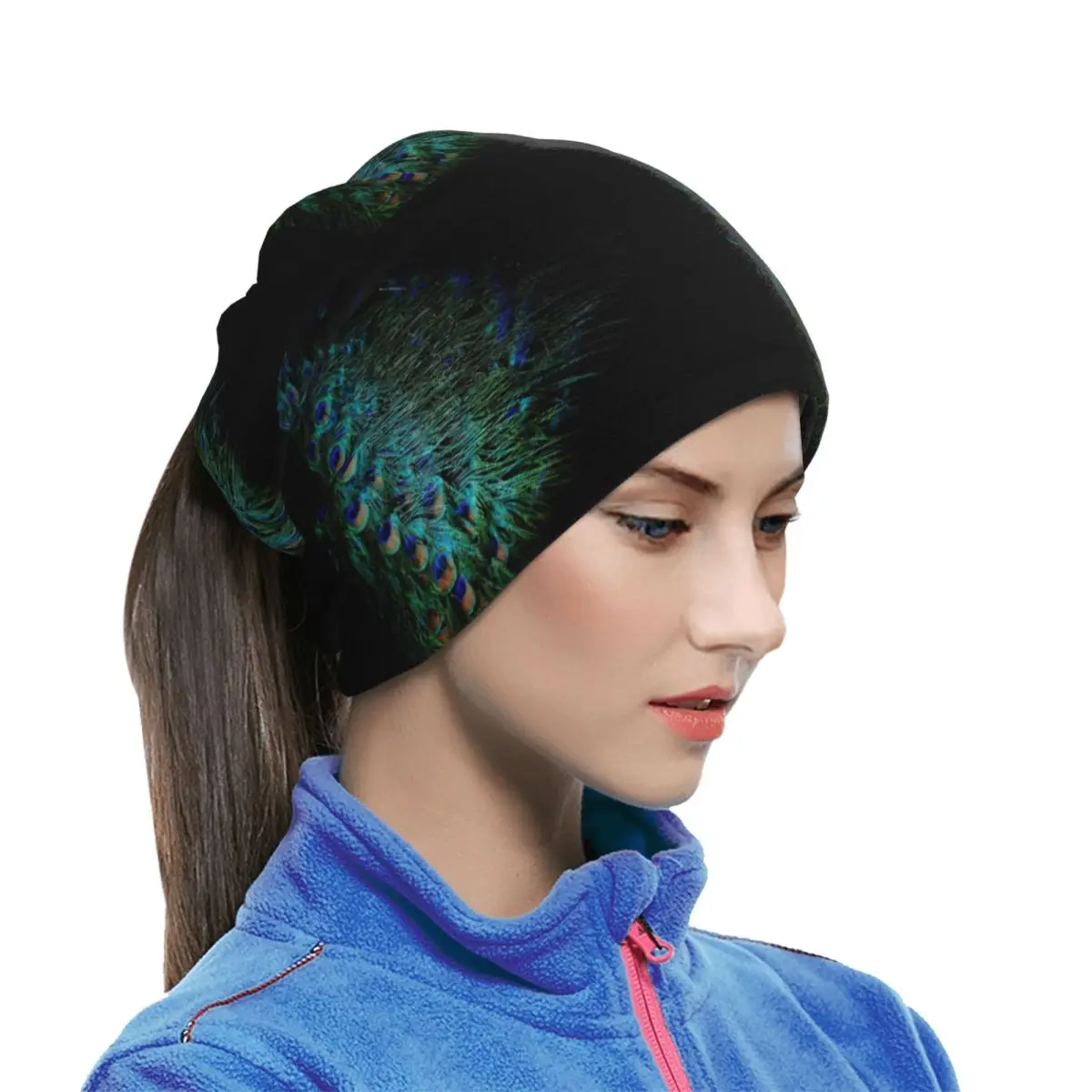 Peacock Feathers On A Black Background Multifunctional Elastic Neck Gaiter Dust Proof Face Cover Bandana Unisex for Hiking