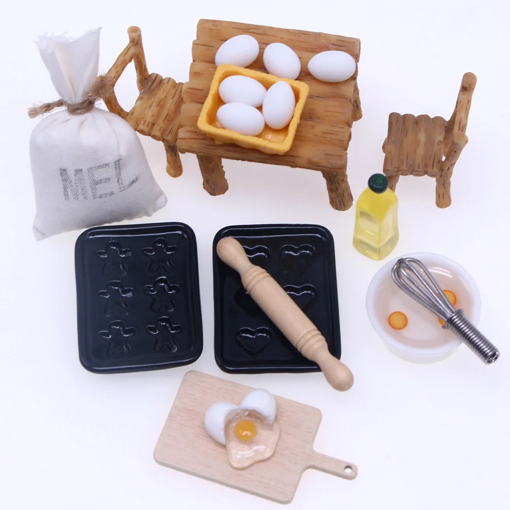 1:12 Accesorios de escena de juego de comida en miniatura para casa de muñecas, silla de resina, rodillo, aceite de oliva, modelos de huevos