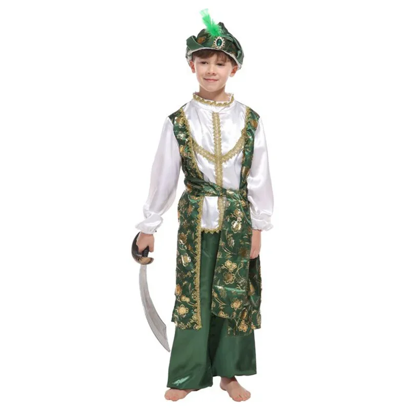 Kids Boys Green Indian Arab Aladdin Prince Cosplay Stage Performance Warrior Masquerade Party Costume