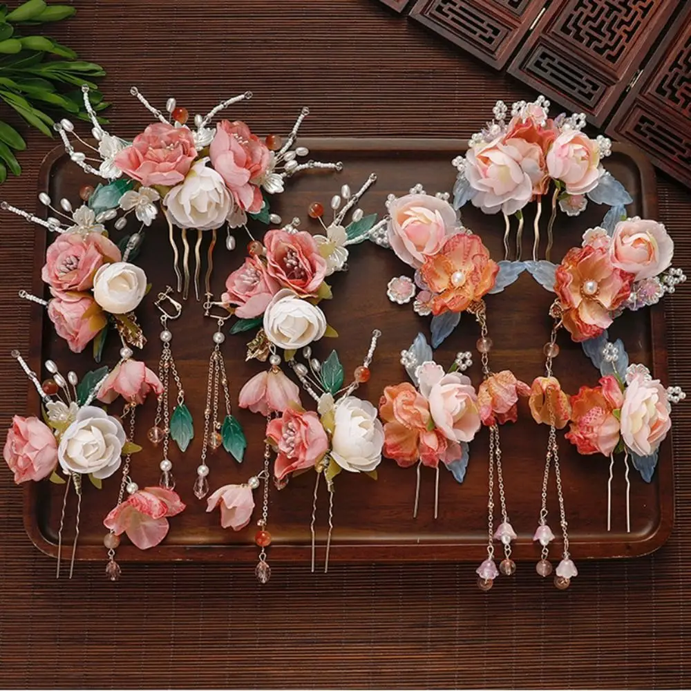 Ancient Style Tassel Chinese Style Hairpin Set Earring Pearl Hanfu Hair Stick Hair Chopstick for Buns Flower Hair Comb Cheongsam