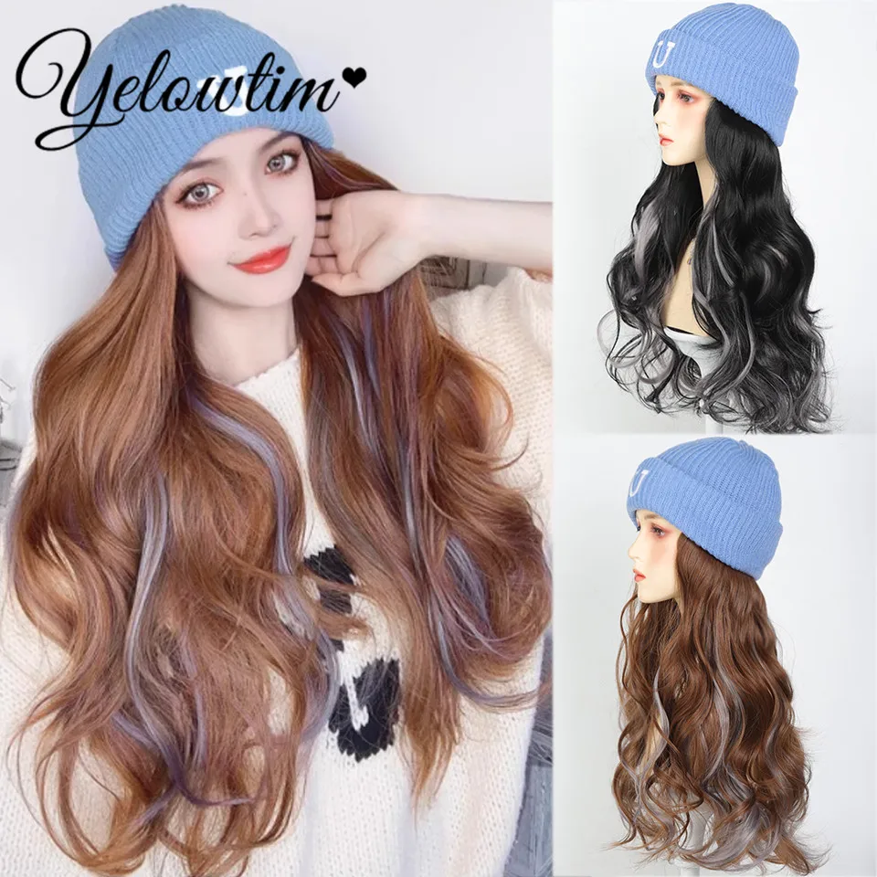 Hat Wig Beanies Hat With Hair Wigs For Women Synthetic Long Wavy Hair Warm Soft Ski Knitted Autumn Winter Cap Heat Resistant