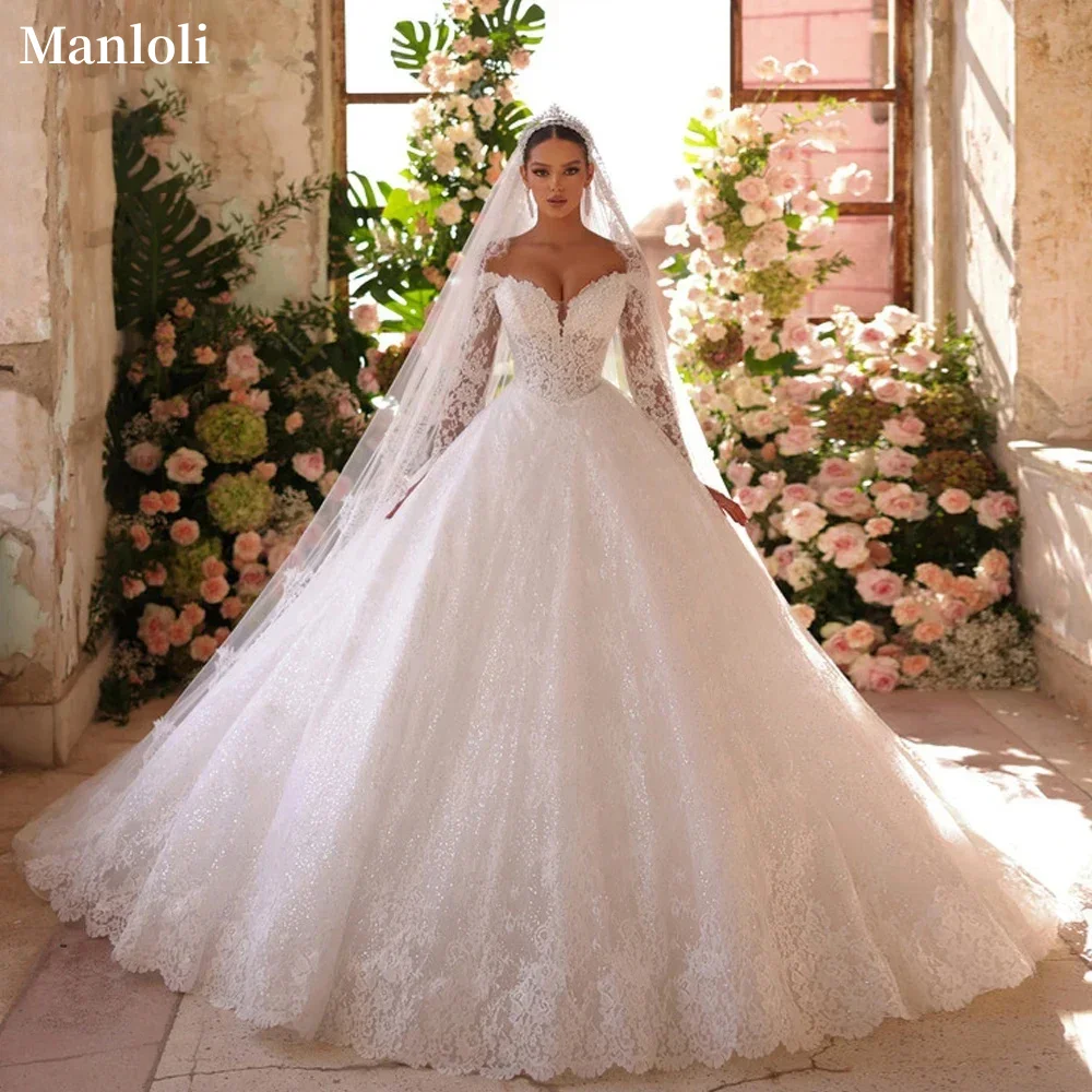 

Customized Luxury Romantic Ball Dress Off Shoulder Long Sleeve Royal A-line Wedding Dress Sweetheart Lace Sparkling Bridal Dress