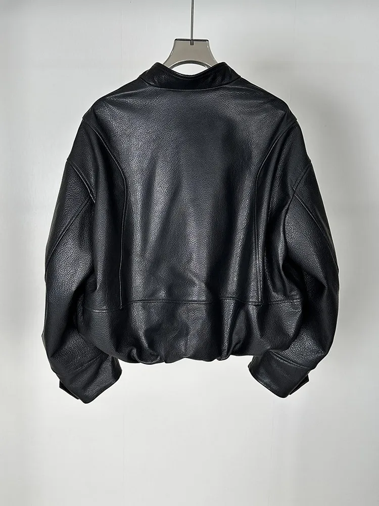 Jaqueta Feminina Casual de Couro Genuíno para Primavera, Gola Alta, Zíper, Estilo Punk, Couro de Carneiro, Ajuste Solto, Casaco Curto