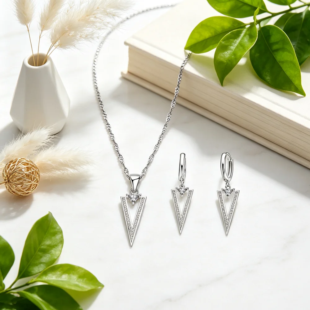 New Fashion 925 Sterling Silver Geometic Shape Pendant Necklace Earrings Jewelry Set Fashion Casual Wedding Anniversary Gifts