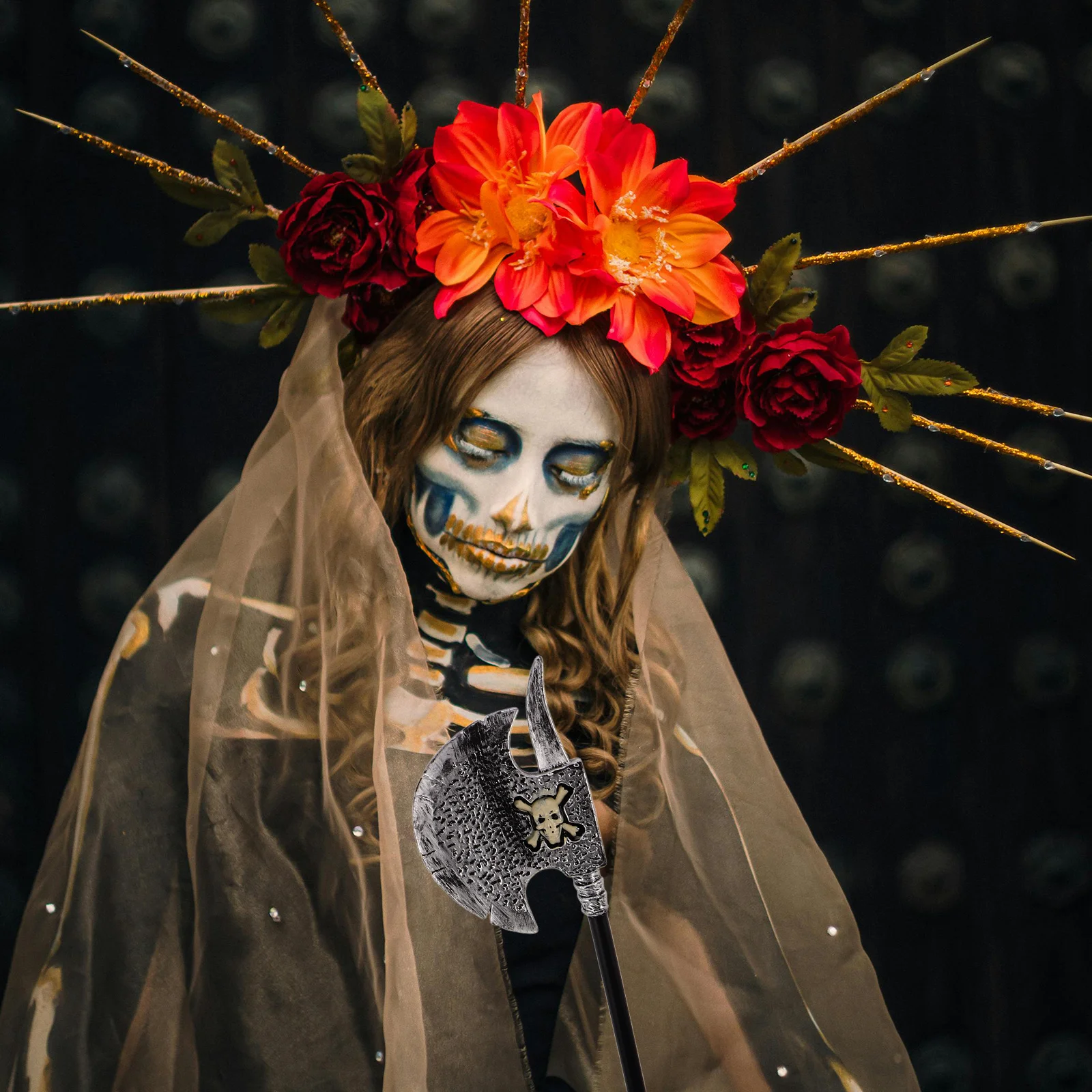 スカルハチェットプロップ プラスチック製ハロウィン斧 リアルなデザイン コスチュームパーティー コスプレイベント お化け屋敷のパフォーマンス用