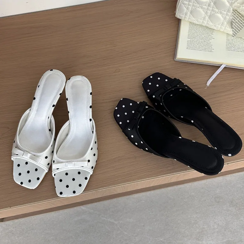Eilyken High Quality Satin Polka Dot Square Toe Women Slippers Fashion Thin Low Heels Sandals Casual Party Dress Shoes - view 5