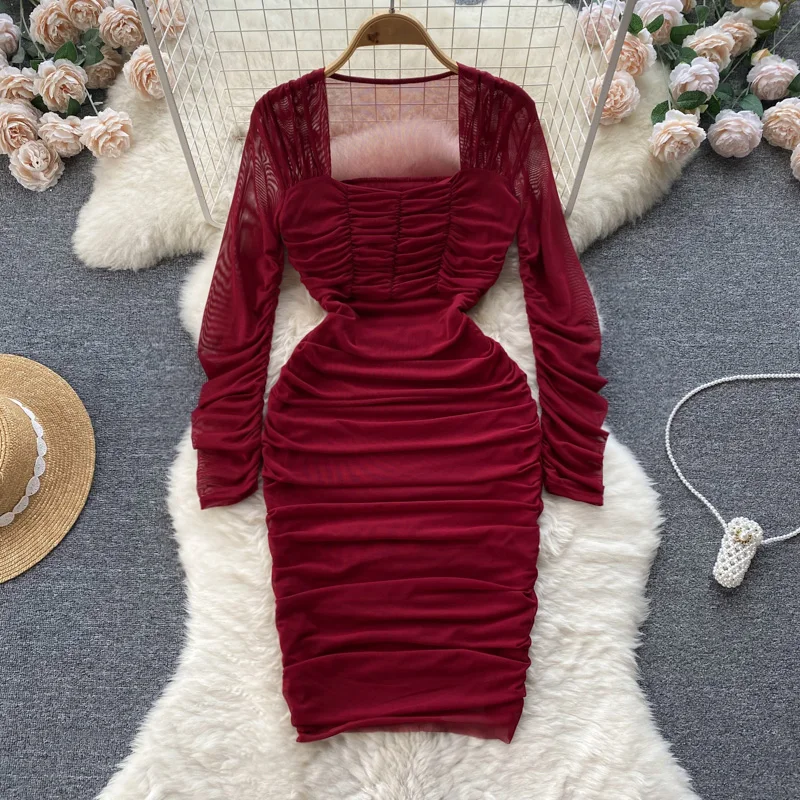 

Light Mature Style Red Temperament Square Neck Dress Autumn Spicy Girl Waist Pleated Long Sleeved Hip Wrap Skirt