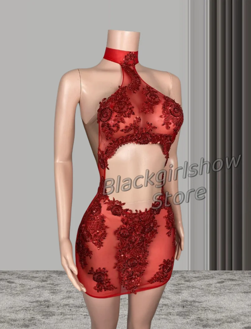 Luxury Red Cocktail Dresses 2024 African Women Sexy Glitter Neck Tulle Sheer Neckless Mini Dresses Cocktail Dresses