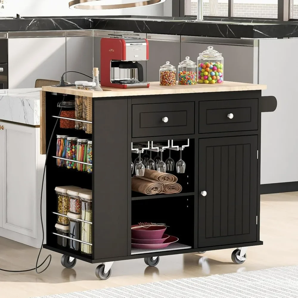 Kitchen Island, Kitchen Carts on Wheels with Storage Drop Leaf Power Outlet Drawer Cabinet Counter Rubberwood Top