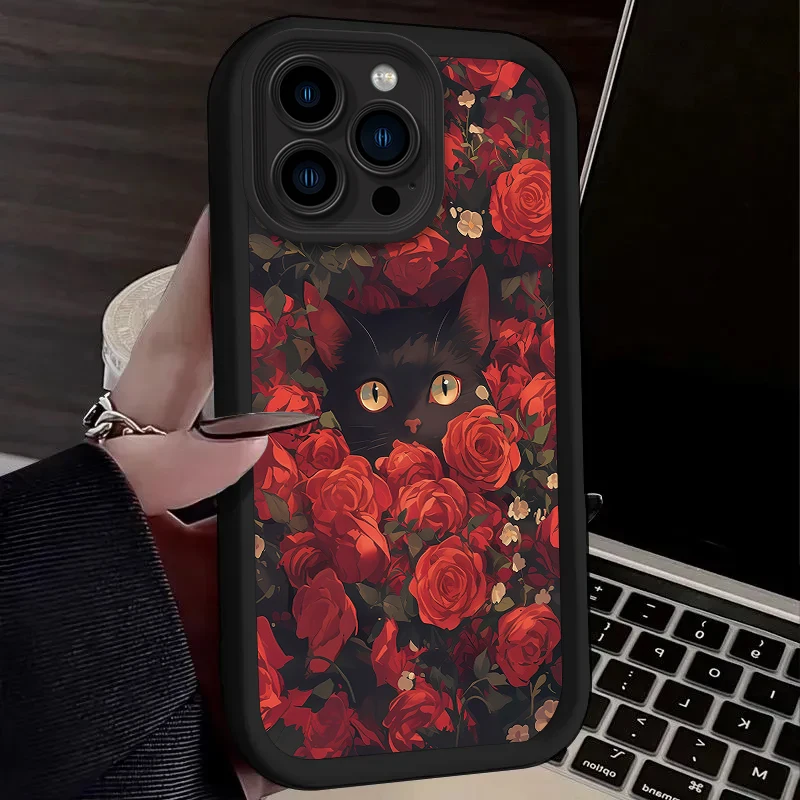 Rose Flower Mystery Black Cat Matte Case For iPhone 16 15 14 13 12 11 Pro Max X XS X S Max XR SE 2020 7 8 Plus Shockproof Cover