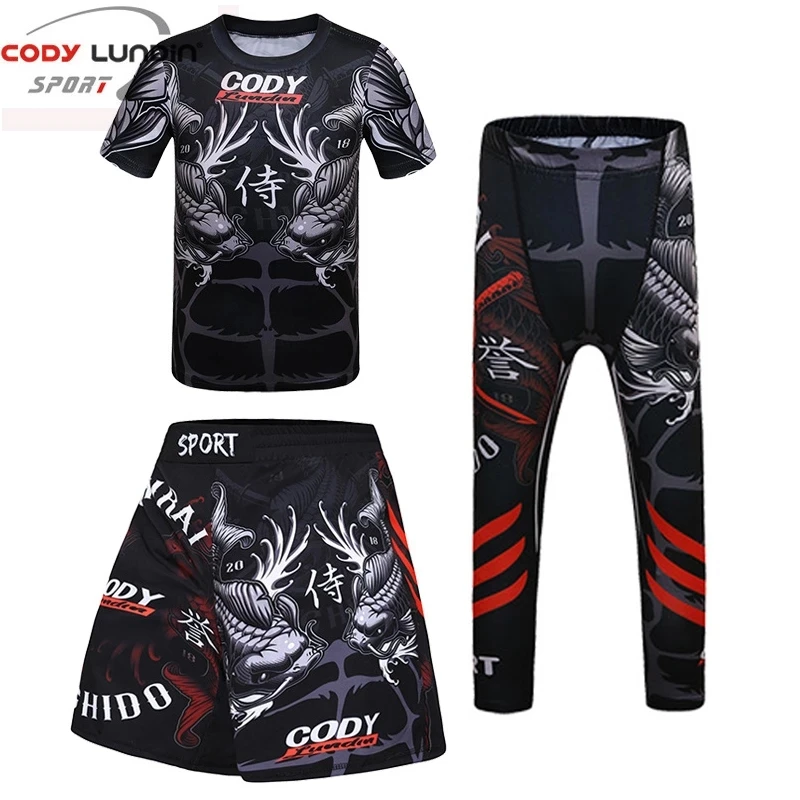 Koszulka dziecięca MMA Boxing Jiu jitsu + szorty MMA zestawy Rashguard Muay Thai Boy rajstopy uciskowe dzieci BJJ Kickboxing koszulki