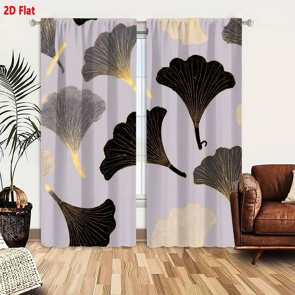 2Pcs Curtains 2D Flat Seamless Pattern Ginkgo Leaves On Light Gray Pale Lavender Background With Black Gray White Leaves Gold Ve 2