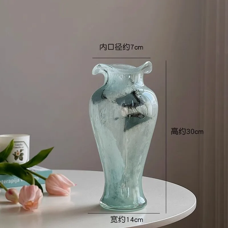 Blue glass vase Chinese retro vase ornament living room flower arrangement high-end TV cabinet soft decoration