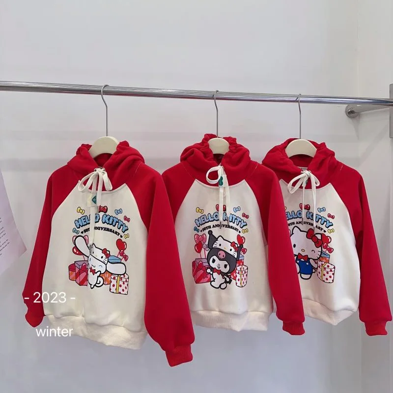 

Осенне-зимний цельный флисовый красный Свитшот Kuromi Melody Cinnamoroll с капюшоном для девочек, повседневная одежда, рождественские Топы