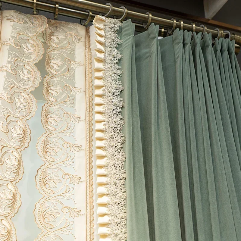 Luxury High-end Turquoise Velvet Embroidered Lace Romantic French Window Thickening Curtains for Living Dining Room Bedroom