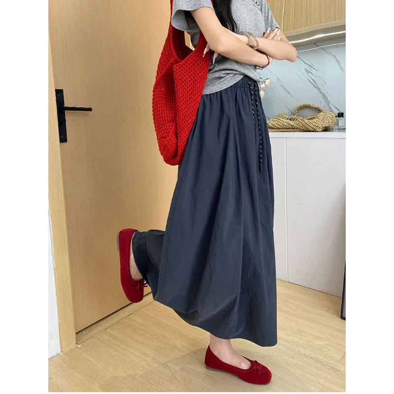 Harajuku Loose Oversized Long Skirts Women Summer Quick Drying Ice Silk Midi Skirt Female Solid Color Versatile Casual Skirts