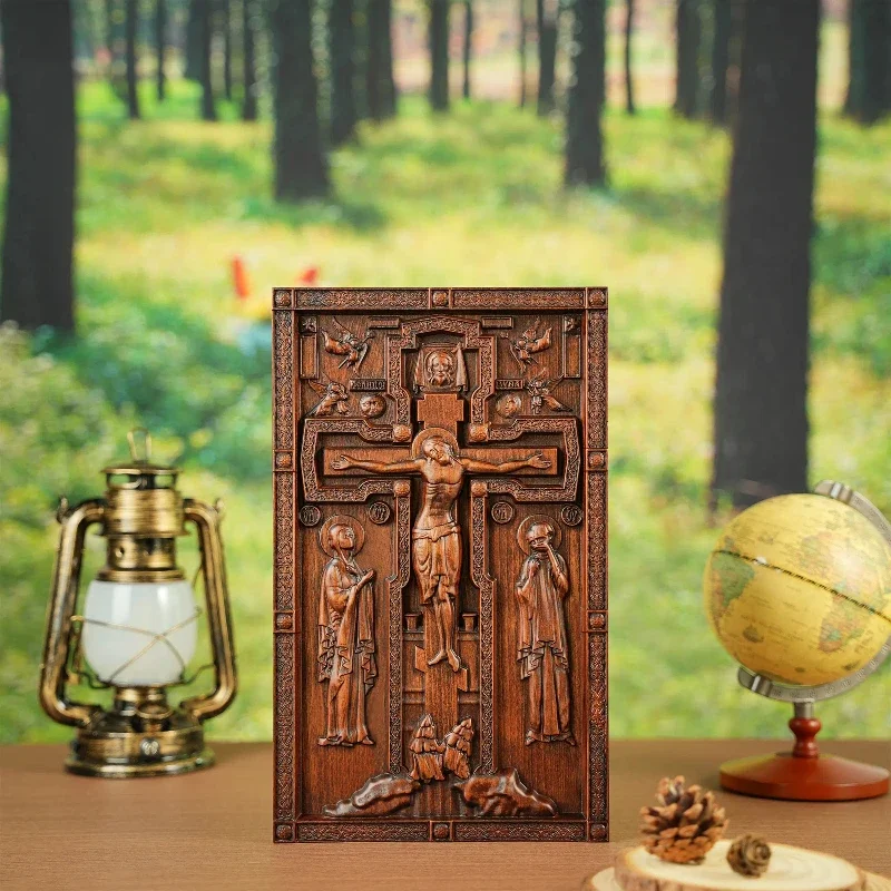 

Vintage Wooden Orthodox Crucifixion Square Decorative Ornament Home Crafts Wood Sculpture