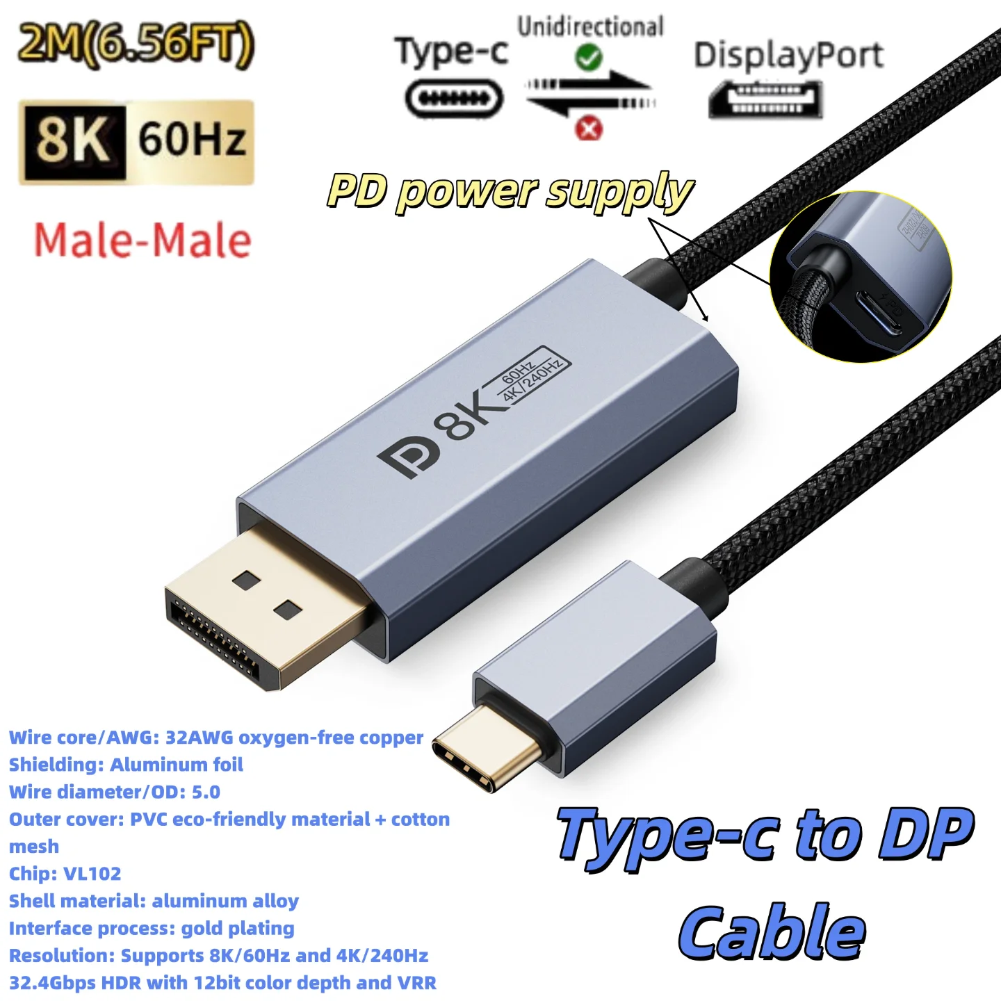 Type-C to DisplayPort 1.4 Cable 8K@60Hz 4K@144Hz With PD Charging USB-C to DP Conversion For Macbook Iphone 16 Huawei Projector