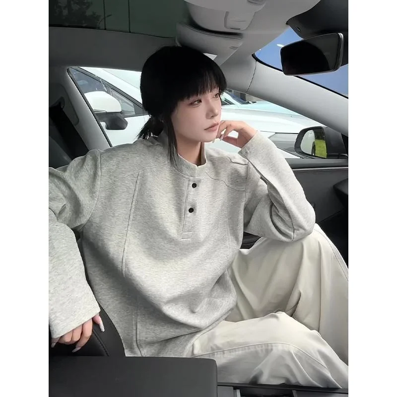 هينلي الرقبة العادية الكتف للجنسين البلوز الخريف النمط الأمريكي الجديد المرقعة تصميم كم طويل طبقة قاعدة أعلى