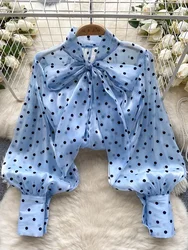 Women Spring Autumn Shirt Fashion French Retro Casual High-end Polka Dot Blouse with Bubble Sleeves Bow Design Top D5660