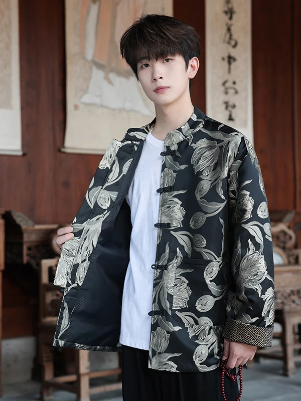 جديد 2025 بدلة تانغ للرجال Jaet عتيقة صينية Sle طويلة Sve بأزرار حتى ملابس خارجية فضفاضة تناسب الأزهار والتطريز منتصف العمر...