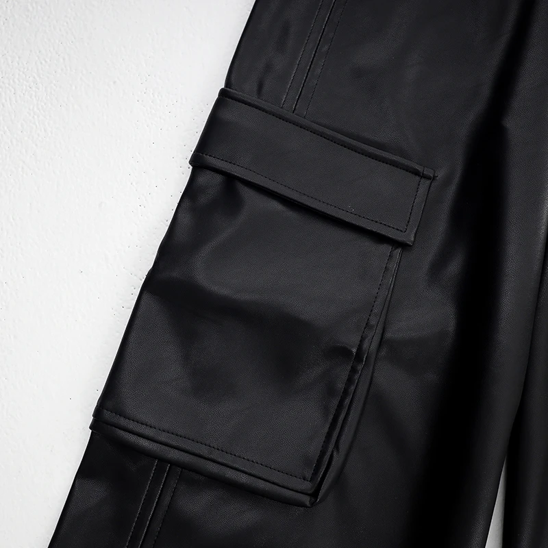 Kstoun estilo namorado menina quente calças de couro do plutônio cintura baixa perna larga solta em linha reta vintage streetwear calças de carga calças femininas