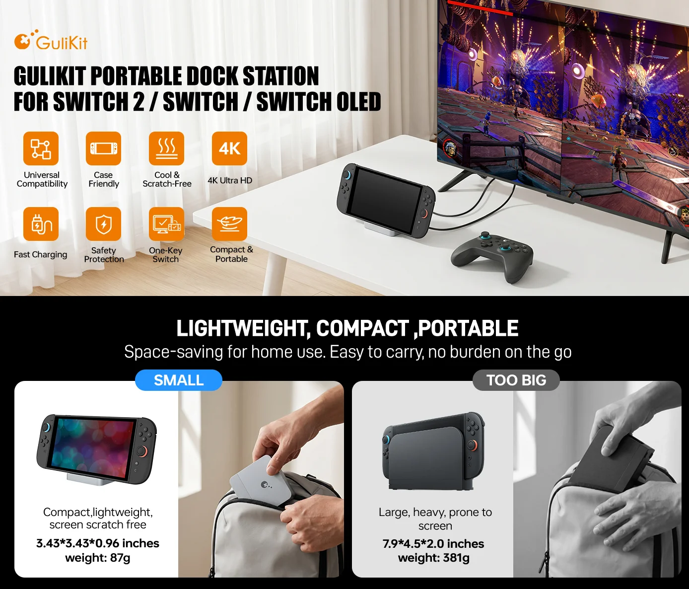 Dock for Switch 2, 4K 60Hz HDMI Docking Station with PD 100W Charging,Enhanced Cooling, Adjustable USB-C Port for Use with Cases