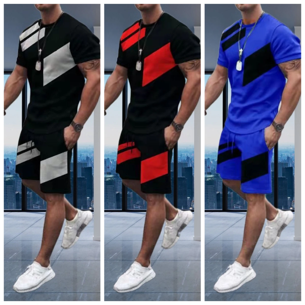 

Summer Men's Sportswear Large Two-Piece Retro Casual Street Suit 3D Simple Printed Beach Suit Men's T-Shirt Shorts Sportswear
