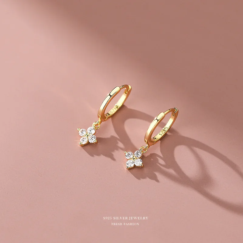 REETI 925 Sterling Silver Four-leaf flower Cubic Zircon Flower Hoop Earrings Ear Jewelry For Women Party Gifts Earing Hoop