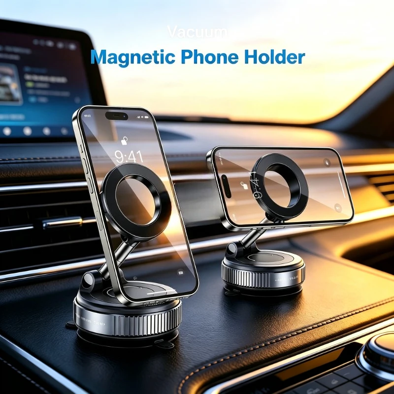 360° Adjustable Vacuum Suction Magnetic Car Phone Mount, Foldable MagSafe Magnet Holder Stand Compatible with IPhone Samsung All