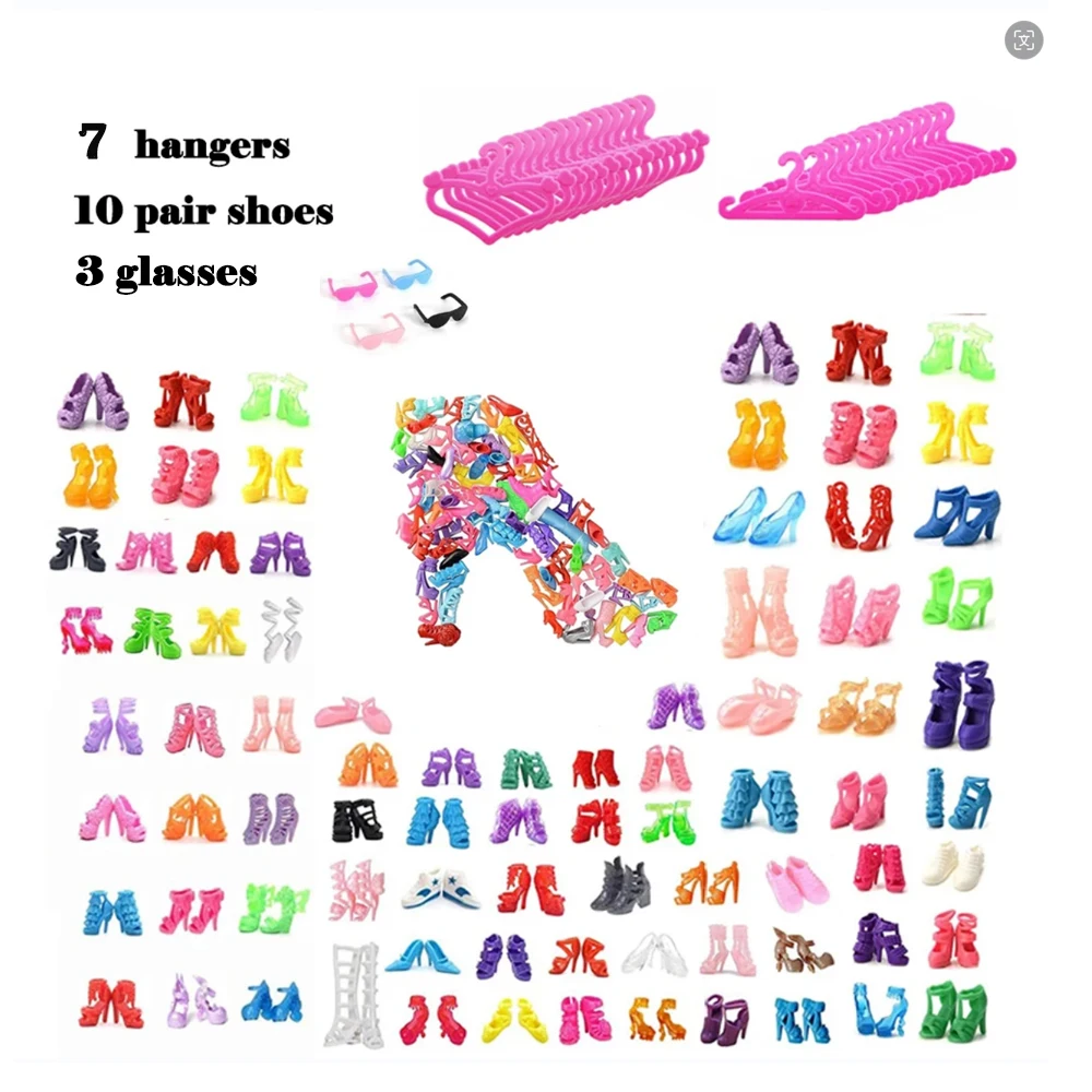 28 pcs Fashion Dolls Accessories random =1 Gown +3 Dress +2 Suit +2 Swimsuit +3 Glasses +10 Shoes +7 Hangers Clothes for Barbie