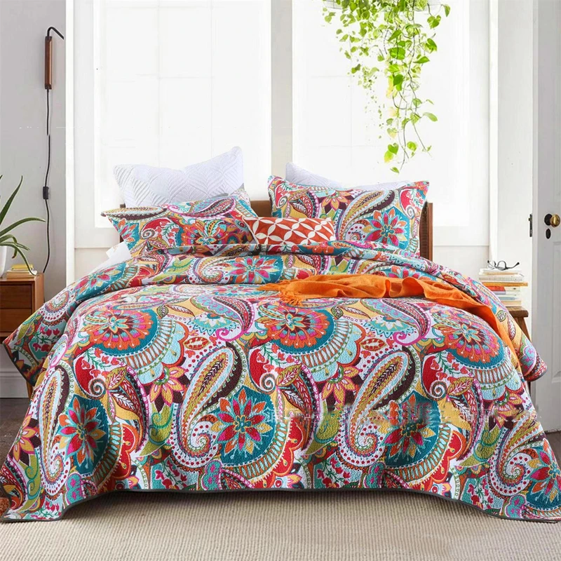 

Bedspread Cotton King Size Quilted Bed Cover For Couple Bedding Pastoral Style Blanket Non Slip Sheet Printed Washable Quilt