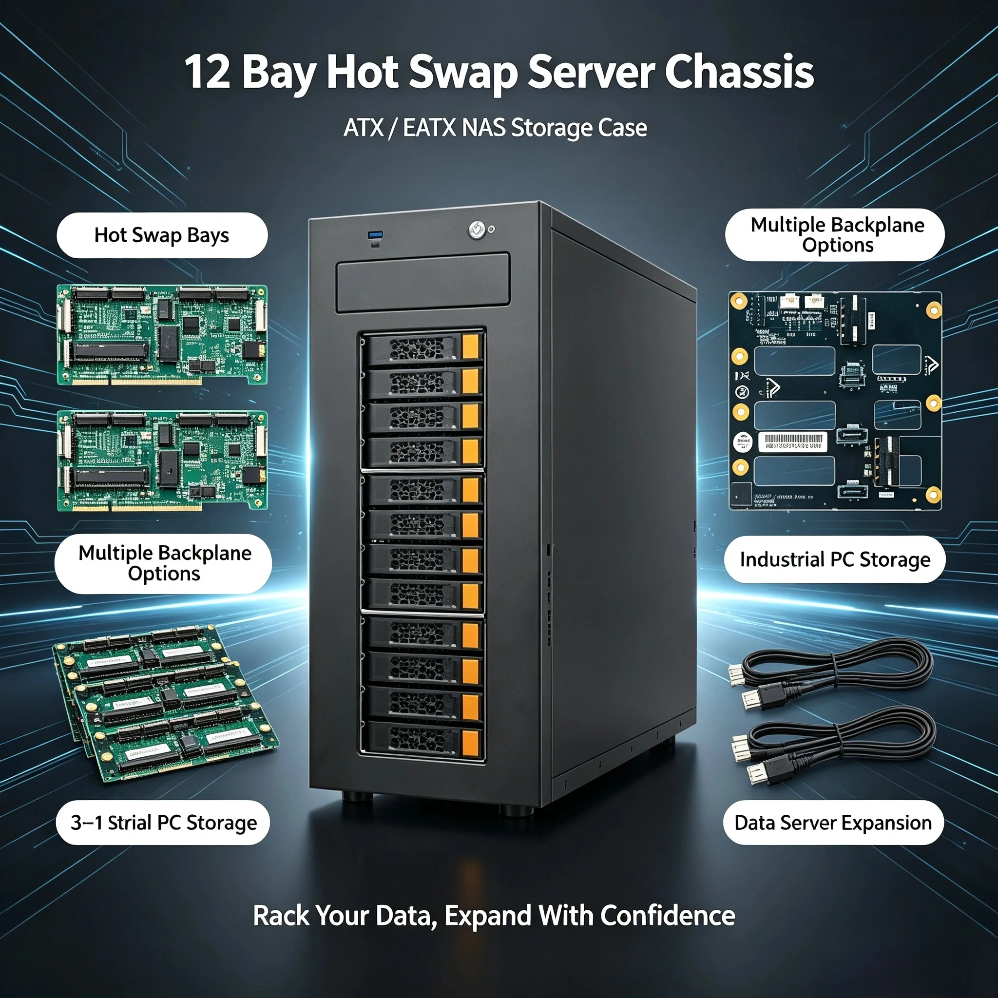 Tower 12 Bay Hot Swap Server Chassis ATX/EATX NAS Storage Case for Industrial Data Host Expansion