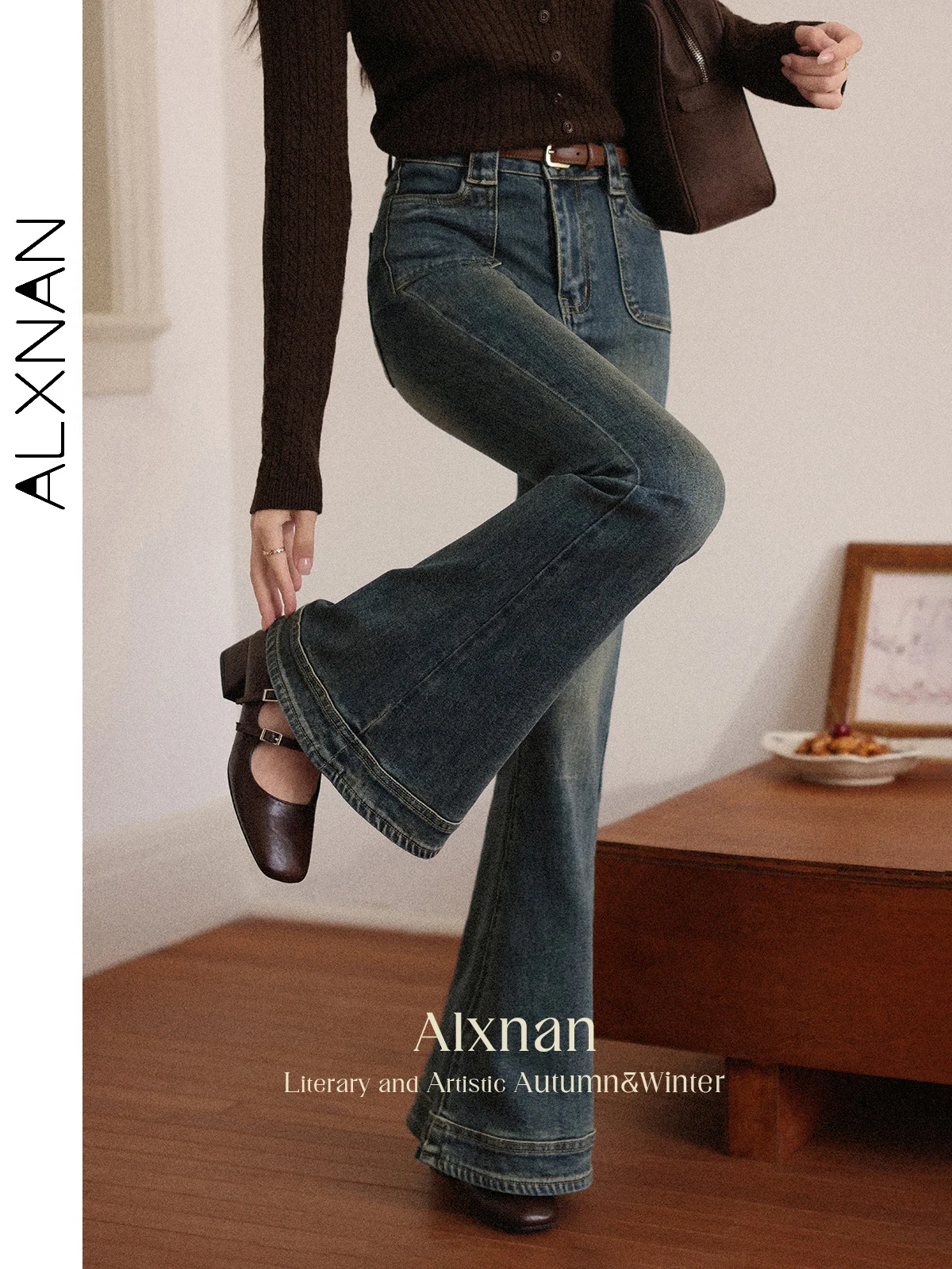 

ALXNAN Women's Jeans Vintage Blue Flared Jeans 2025 Fall Winter Elegant Denim Pants Casual Office Lady Slim-fit Trousers L56852