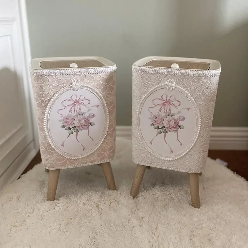 Press Lid Wastebasket Square Garbage Bin Lace Footed Bathroom Bedroom Office Trash Can Storage Box Home Decor Organizer