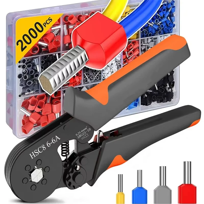 

HSC8 6-6 Self-Adjustable Ratchet Ferrule Crimping Tool Kit 23-10AWG 0.25-6mm Crimper Kit with 400pcs-2000pcs Wire Terminals