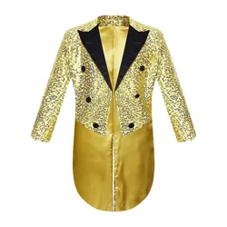Kids Boys Sequin Tailcoat Children Satin Long Sleeve Glittering Blazer for Magic Shows Performance Catwalk Host Tuxedo Costume