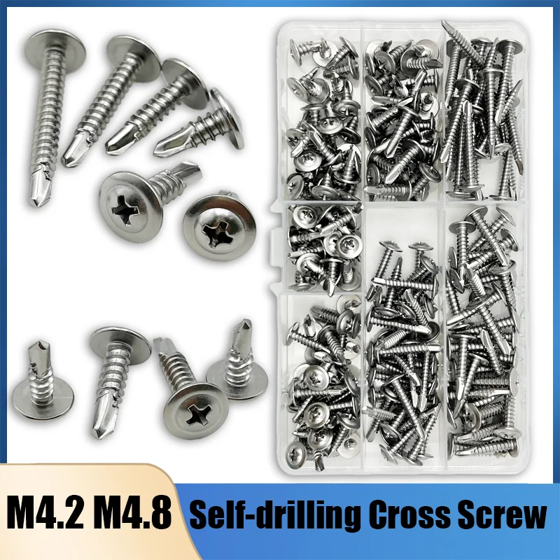 200pcs M4.2 M4.8 Washer Head Phillips Cross Self Drilling Tapping Screw Set Stainless Steel Hardiflex Screw for Metal Wood Sheet