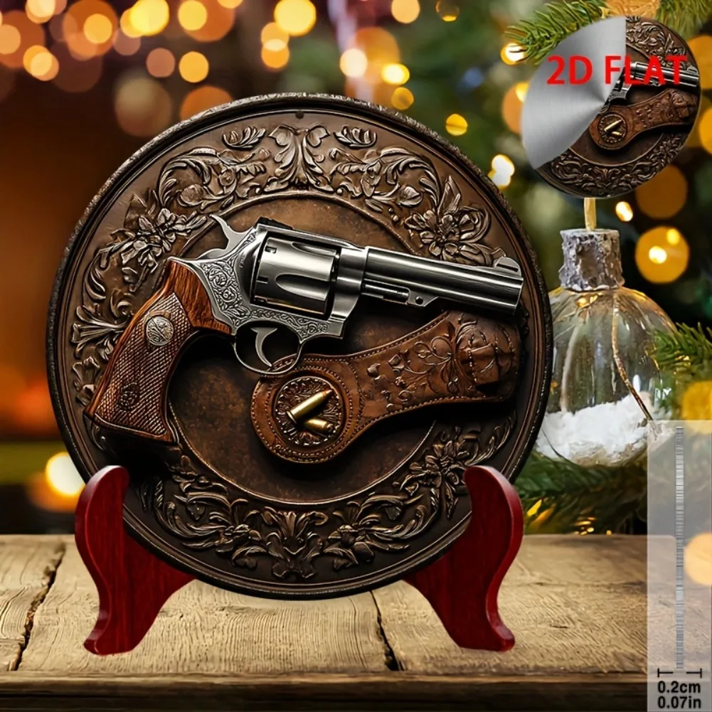 2D flach, 1 Stück Vintage-Revolver- und Lederholster, Nachbildung einer metallähnlichen Textur – Western-Cowboy-Dekor – robustes Aluminium